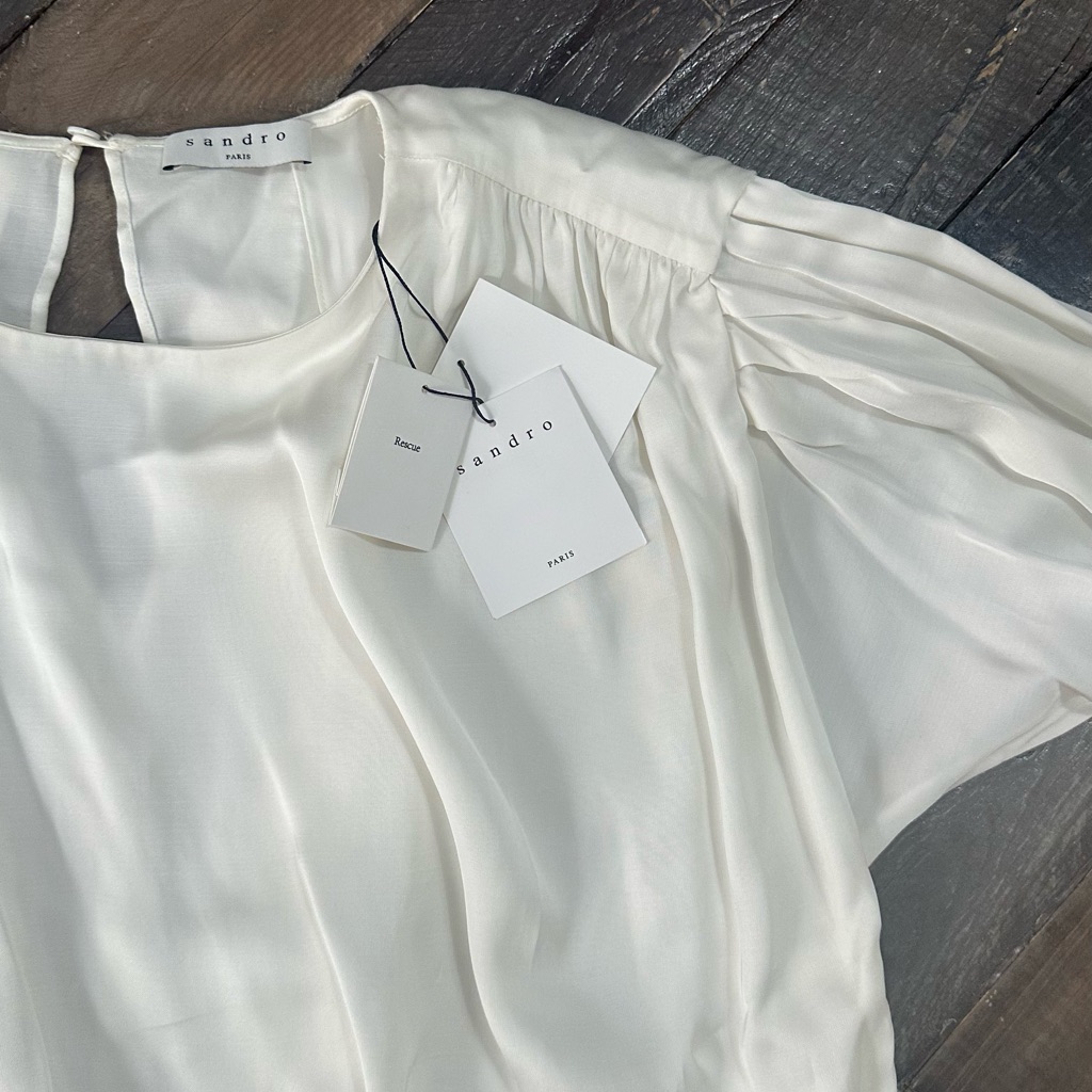 Sandro Paris Shirt White Ecru Elegant Blouse Asymmetric Long Sleeve Designer